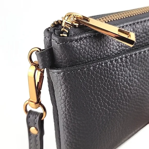 Love & Lore Wristlet Clutch Dark Grey Gold Tone Hardware Top Zip Closure - Picture 7 of 16